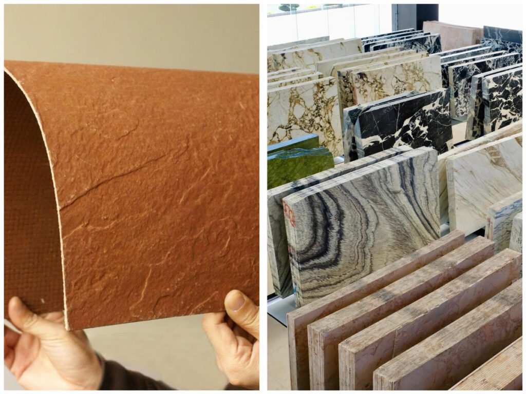 Comparison between heavy natural stone and lightweight flexible stone veneer for exterior application.